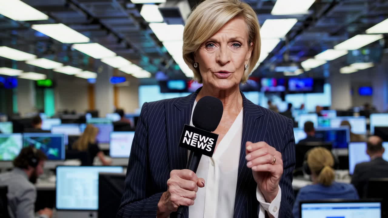Female News Reporter Delivering Broadcast from Newsroom