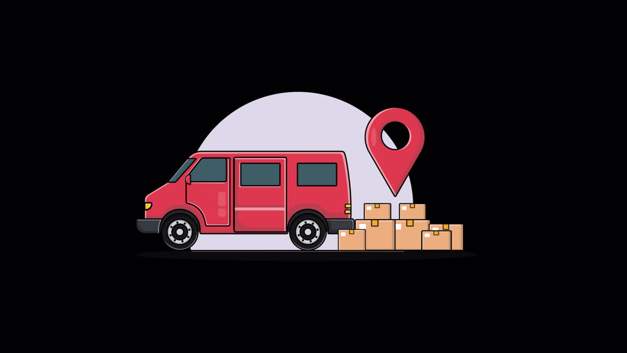 Animated Red Delivery Van Unloading Packages with Location Pin