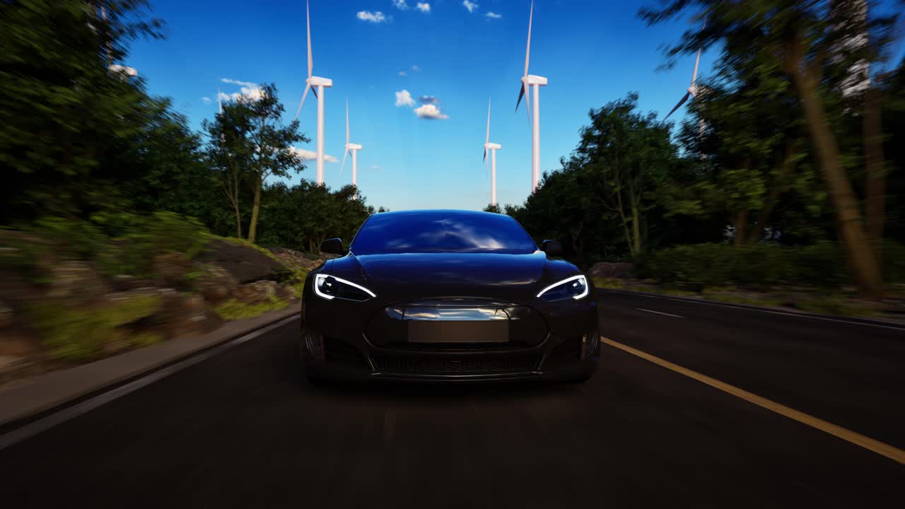renderización 3d de coches eléctricos genéricos en una carretera con turbinas eólicas en el fondo. animación 3d realista