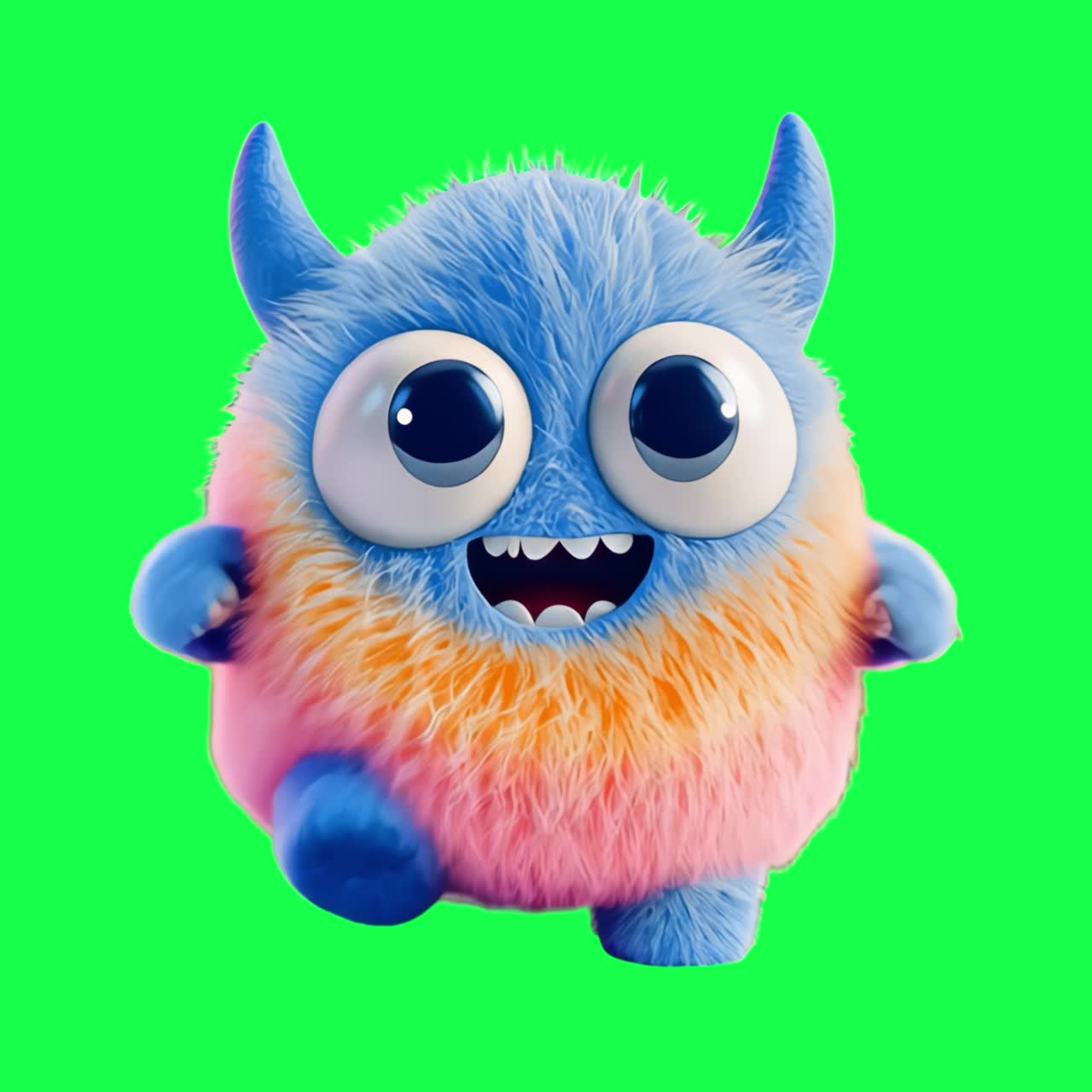 Cute fluffy monster character design animation, transparent 4K video, green screen