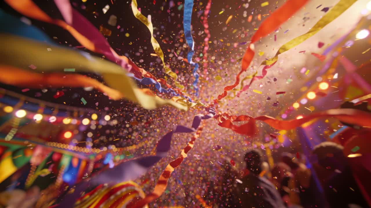 Lancio centrale di stelle filanti e coriandoli multicolori verso l'obiettivo a una festa, con luci calde.
