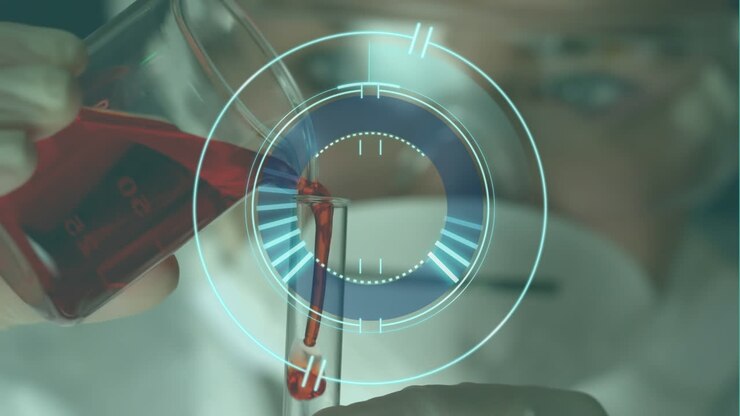 Animation of scope scanning over caucasian female scientist