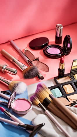 assortment of makeup products and brushes