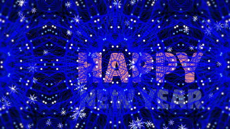 animación de texto de feliz año nuevo con fuegos artificiales explotando y nieve cayendo