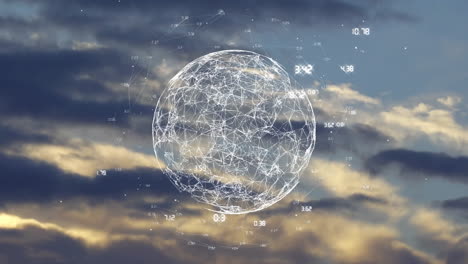 Digital-globe-with-data-points-animation-over-cloudy-sky-background