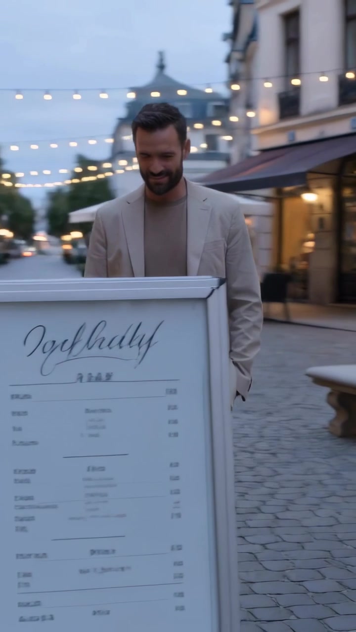 Vertikal video: En elegant mand går og bemærker en menutavle på en plads, stopper op for at læse og vælger aftensmad