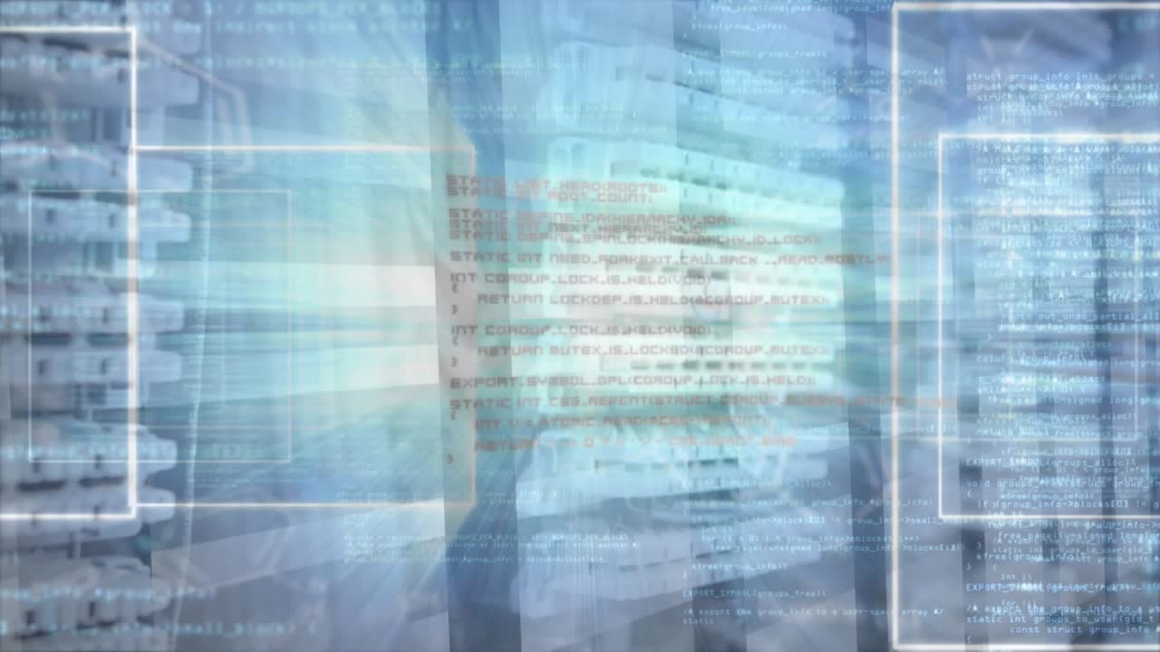 Animation of data processing and moving columns over server room