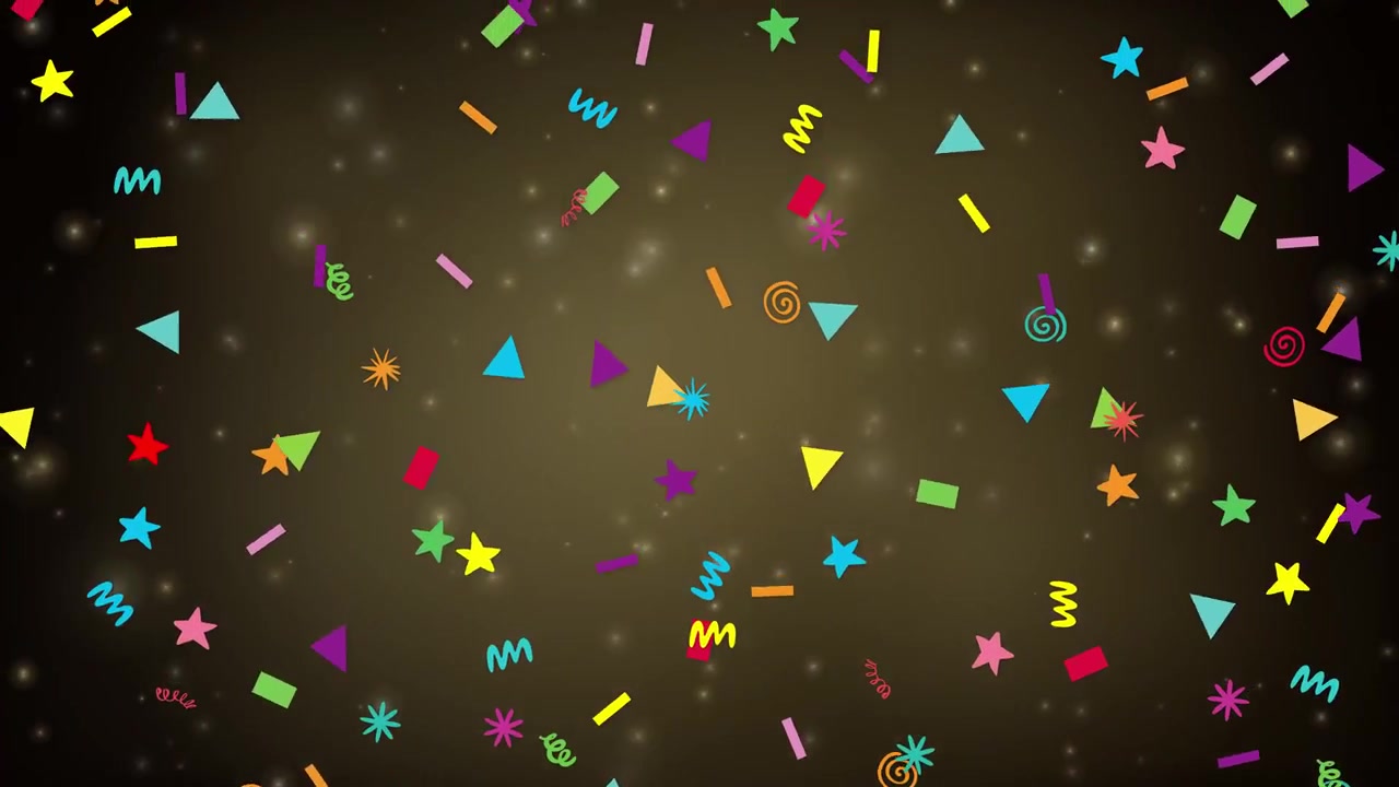 Forme geometriche vivaci cadono continuamente su uno sfondo dorato caldo e luminoso con particelle scintillanti