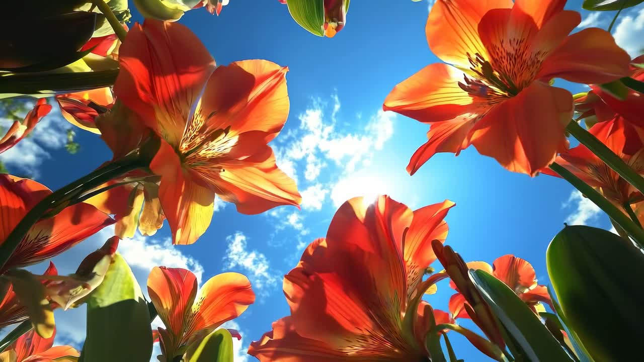 Video dal basso di fiori arancioni vivaci contro un cielo azzurro brillante, che cattura la luce del sole.