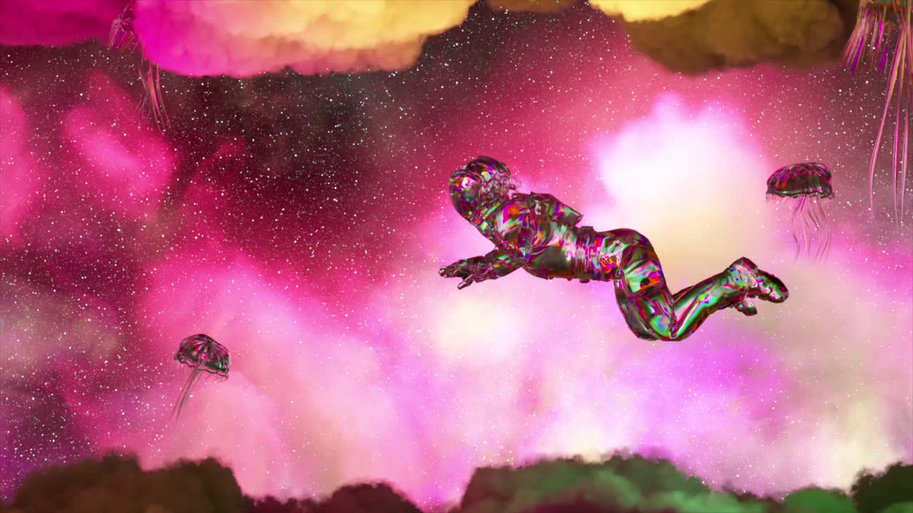 Astronauta e medusa in una nebulosa rosa