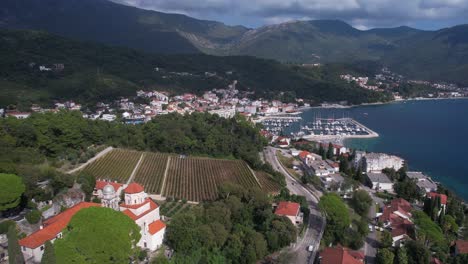 Aerial-View-of-Savina-Monastery-Vineyards-and-Meljine,-Neighborhood-of-Herceg-Novi,-Kotor-Bay-Montenegro