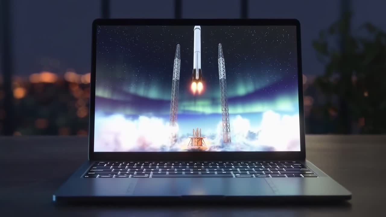 Laptop che mostra un video del lancio di un razzo, ripreso da una bassa angolazione, con uno sfondo di un paesaggio urbano