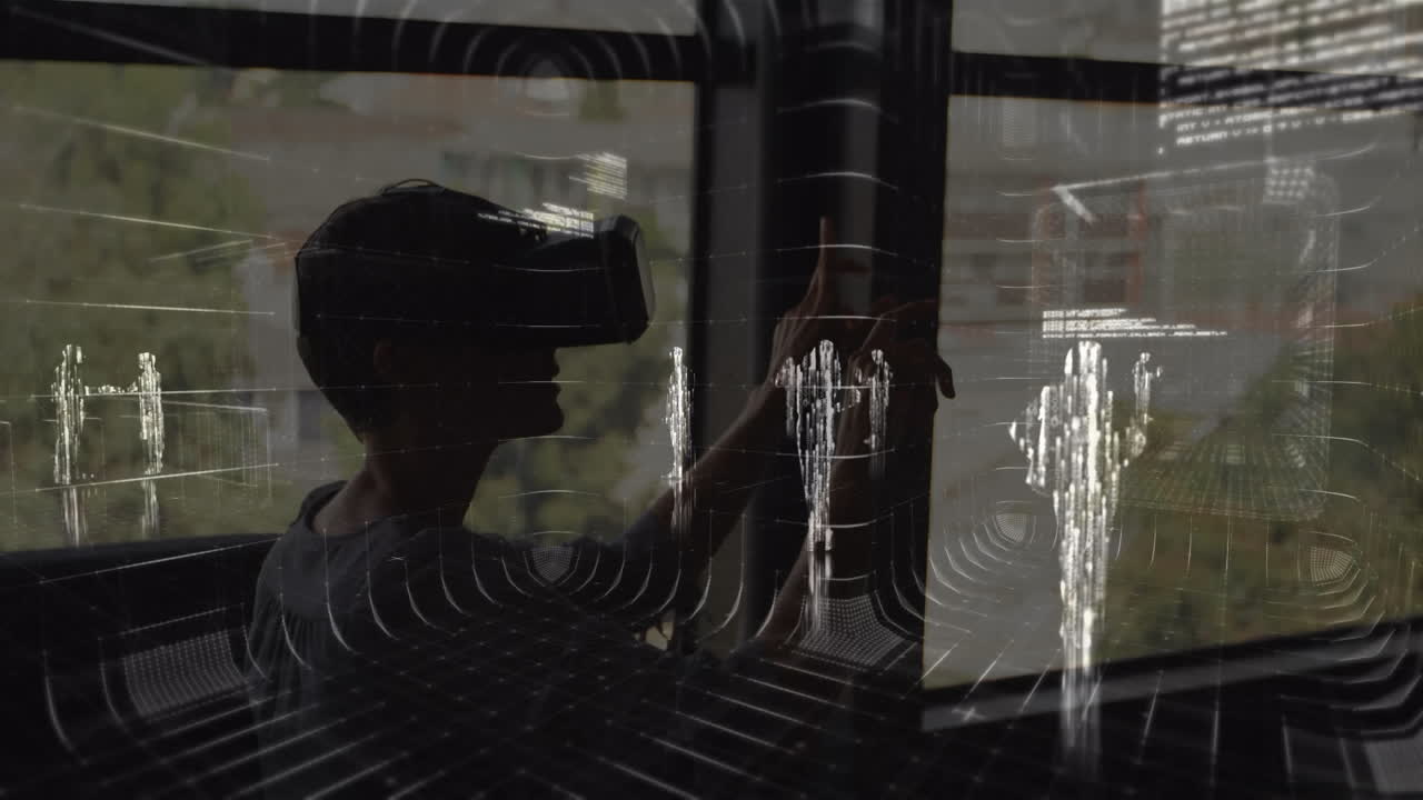 animación del procesamiento de datos financieros sobre el hombre de negocios usando auriculares vr