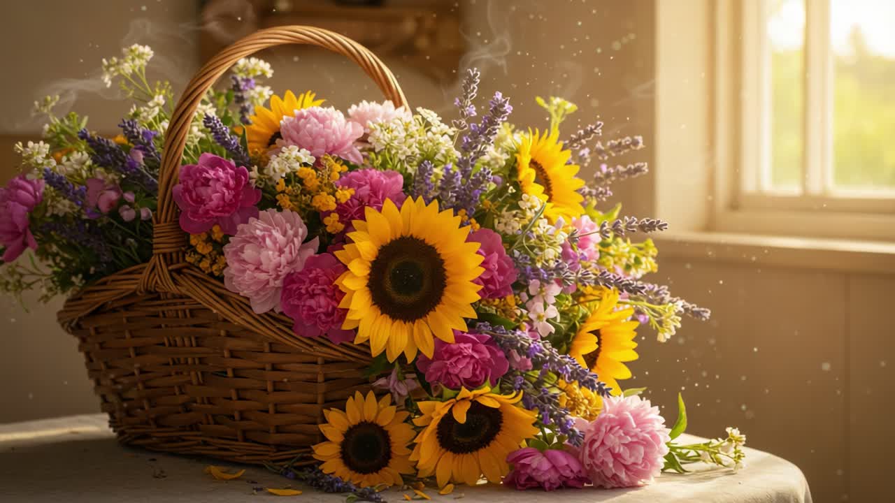 A Beautiful Floral Arrangement of Sunflowers, Peonies, and Lavender in a Basket Captured in Warm Natural Light with Delicate Dust Particles Floating in the Air