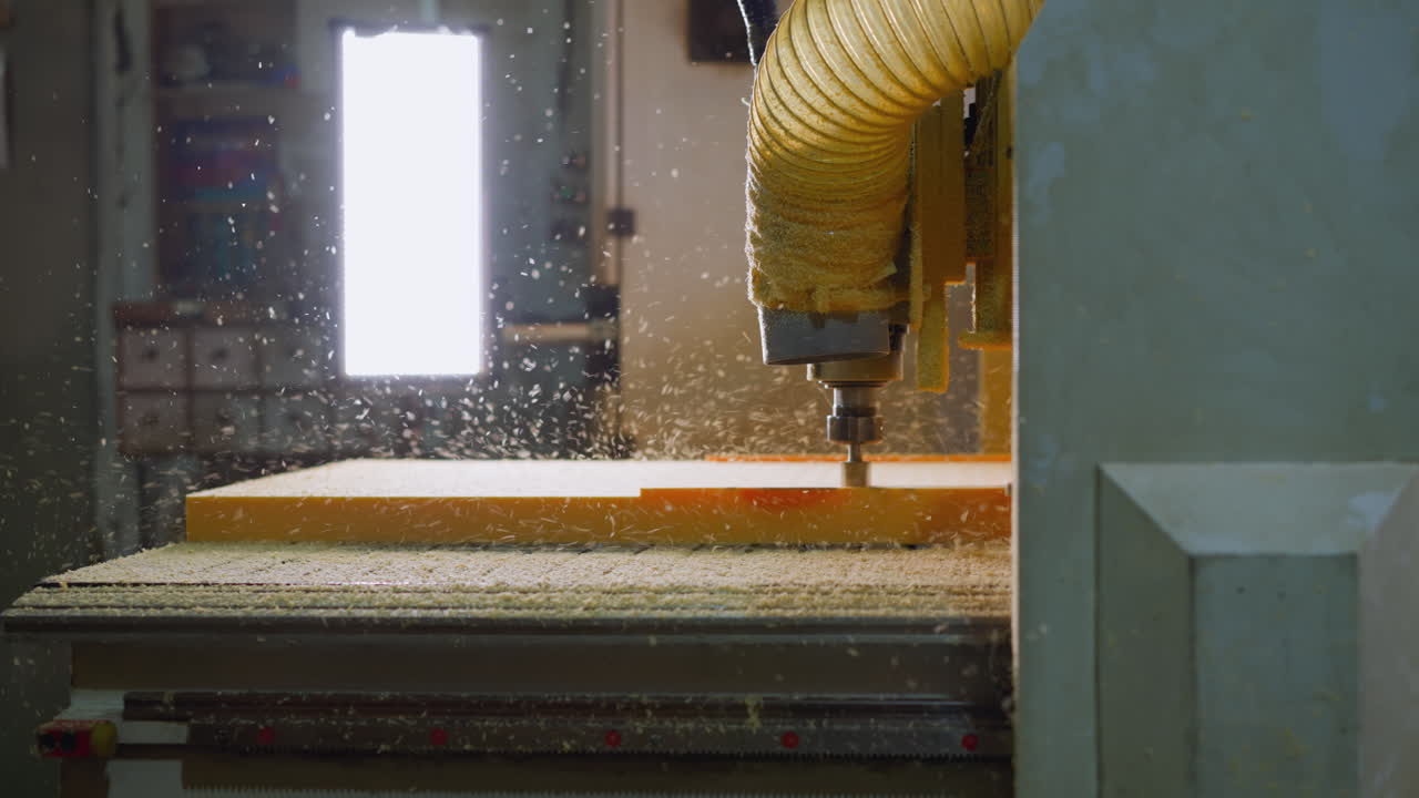 cnc-машина в действии с распылением частиц и ярким окном на заднем плане