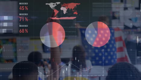 animation of data processing over diverse schoolchildren in classroom