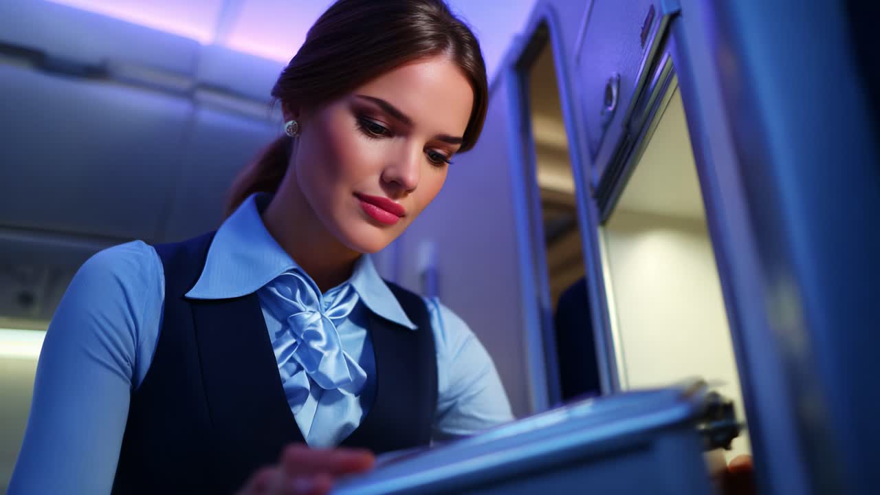 Elegant flight attendant focusing intently on her duties inside the cabin of an airplane, showcasing professionalism and dedication to passenger service in a beautifully lit environment