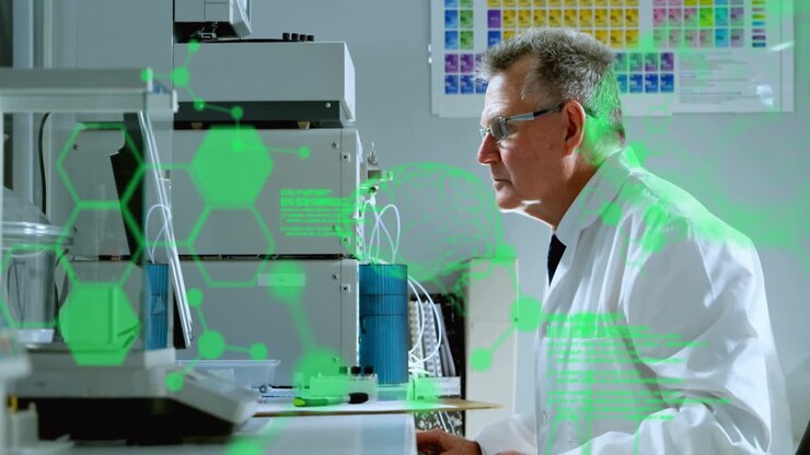 senior scientist examining HPLC system in chemistry lab, showing green hexagonal overlays