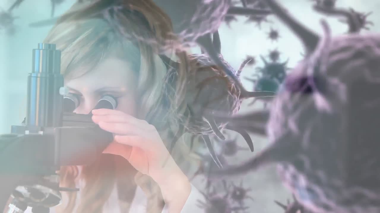 백그라운드에 과학자와 함께 코로나 바이러스의 애니메이션