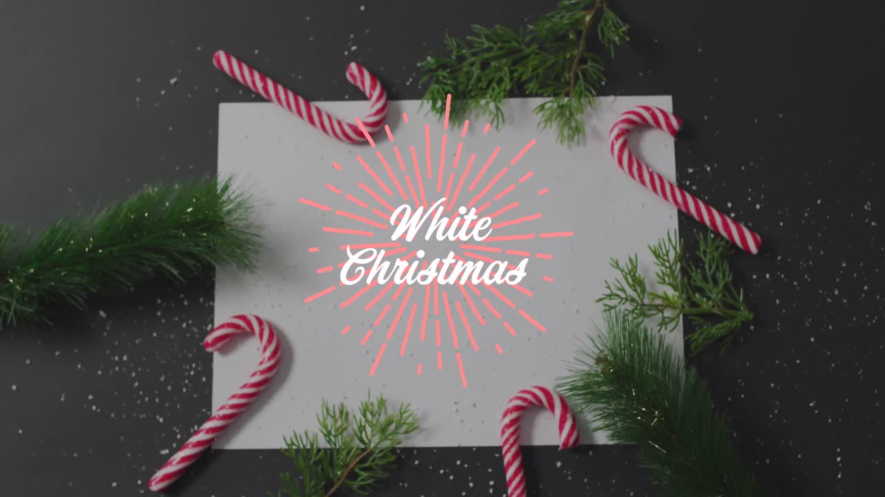 animación de texto de navidad blanco sobre las decoraciones.
