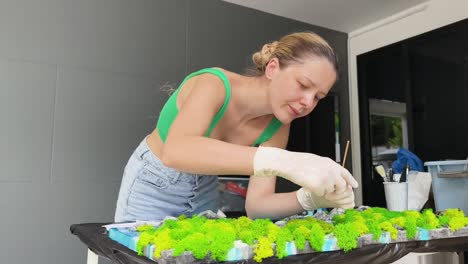 woman creating a moss art piece
