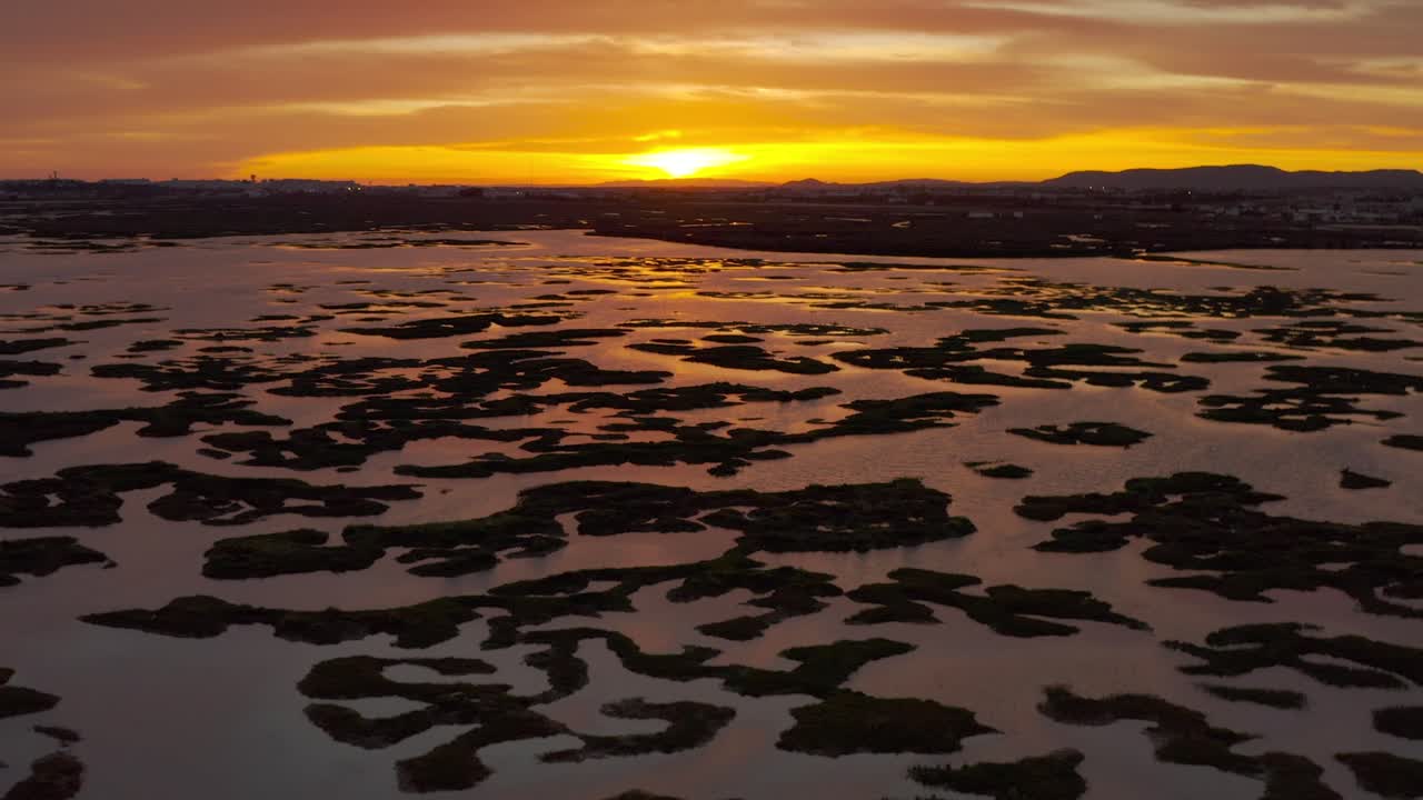 puesta de sol sobre un paisaje de humedales