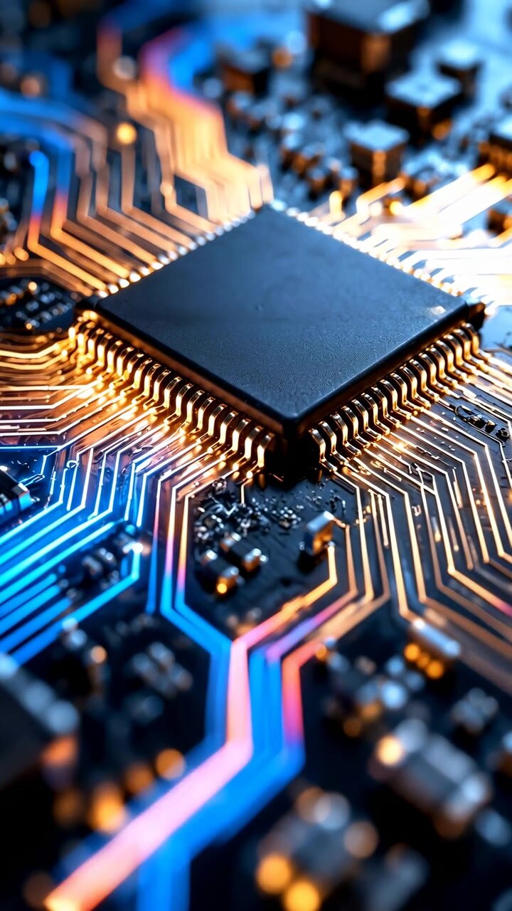 Nærbillede følger oplyste kredsløbsspor omkring en mørk firkantet chip, mens varmt ravfarvet lys toner ud i køligt blåt, afslørende lagdelte printpladedetaljer, små komponenter og reflekterende forbindelser