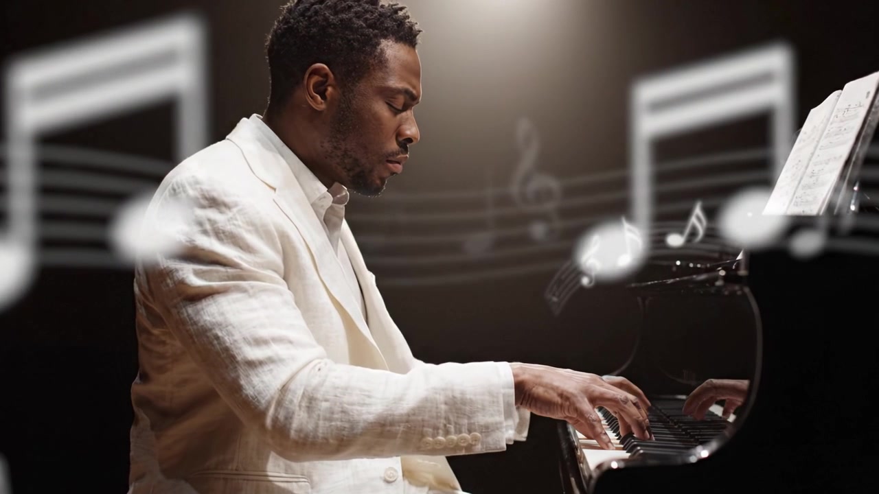 Un pianista talentoso interpreta una melodía conmovedora en el escenario, capturando la esencia de la música con emoción expresiva y pasión creativa bajo una iluminación dramática.