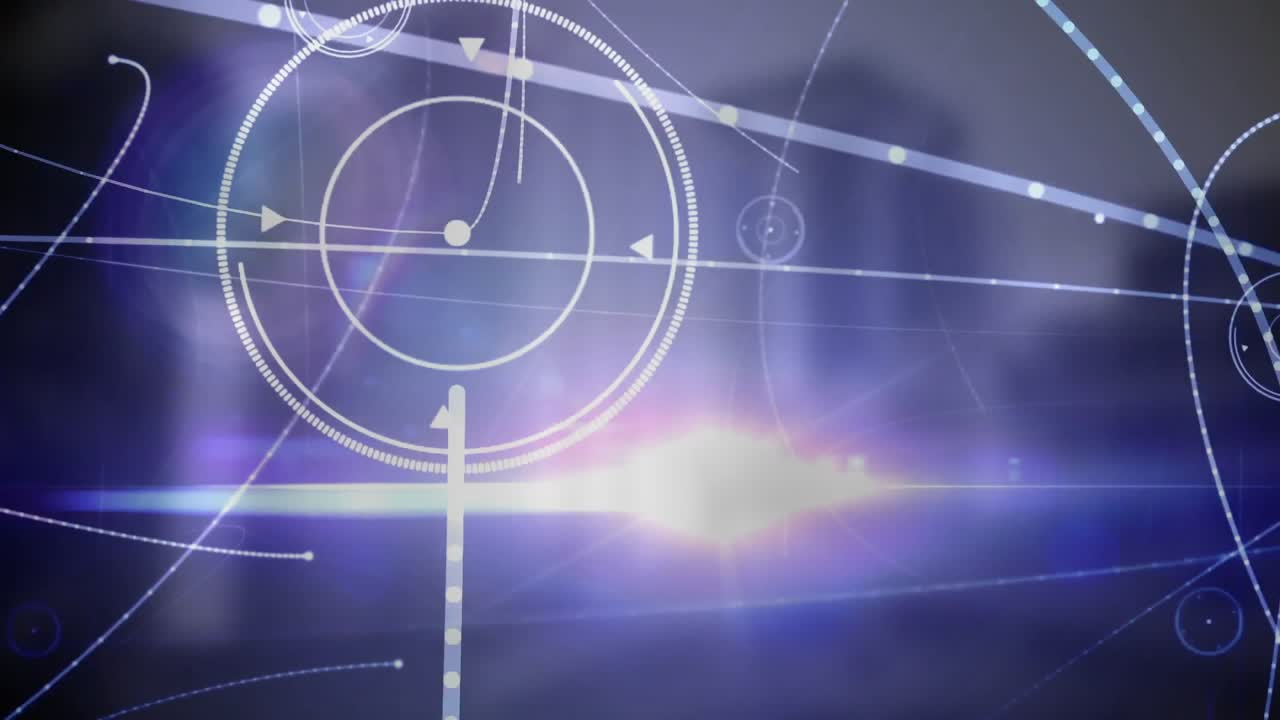 Abstract network showing light-blue trajectory lines and glowing dots floating above urban skyline