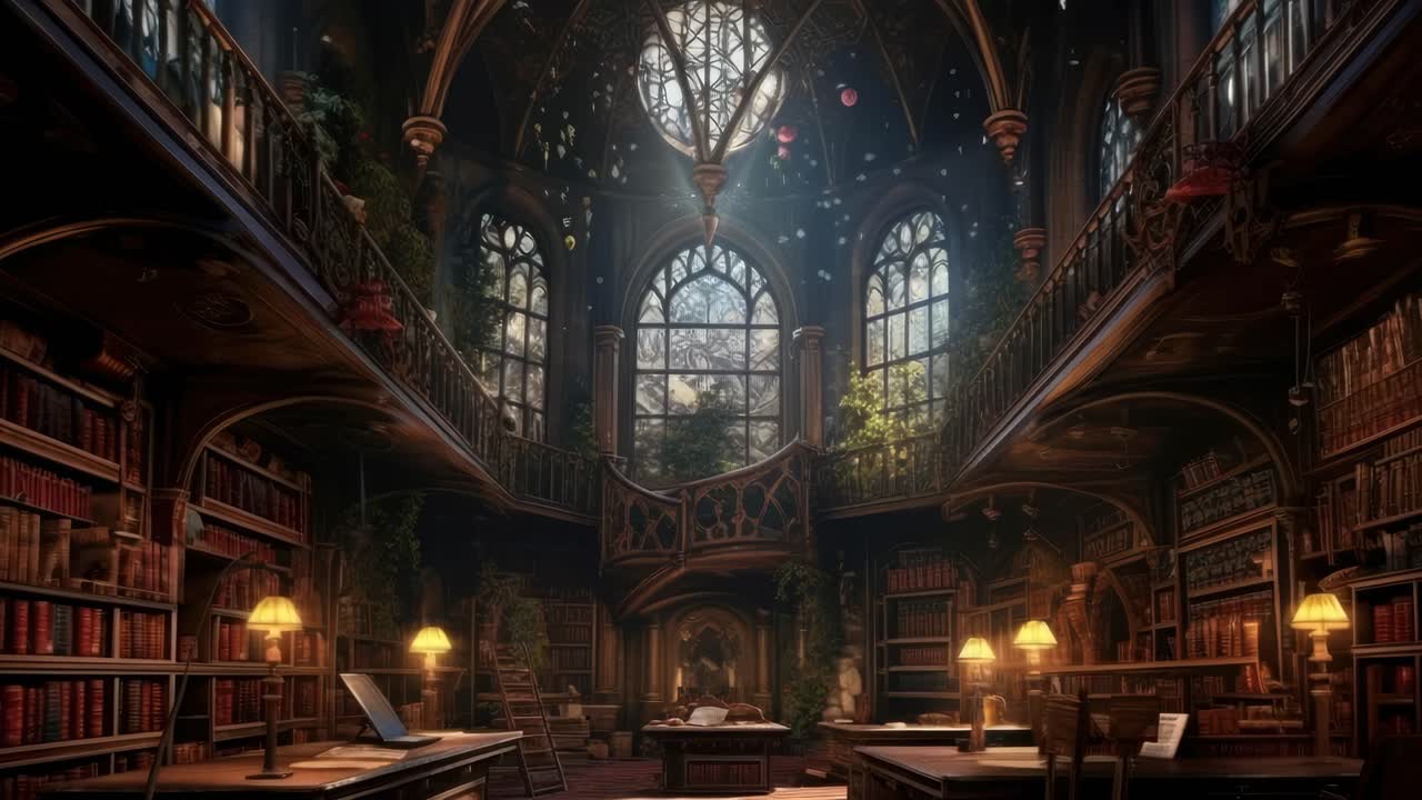 A magical library with high ceilings and arched windows, captured from a low angle