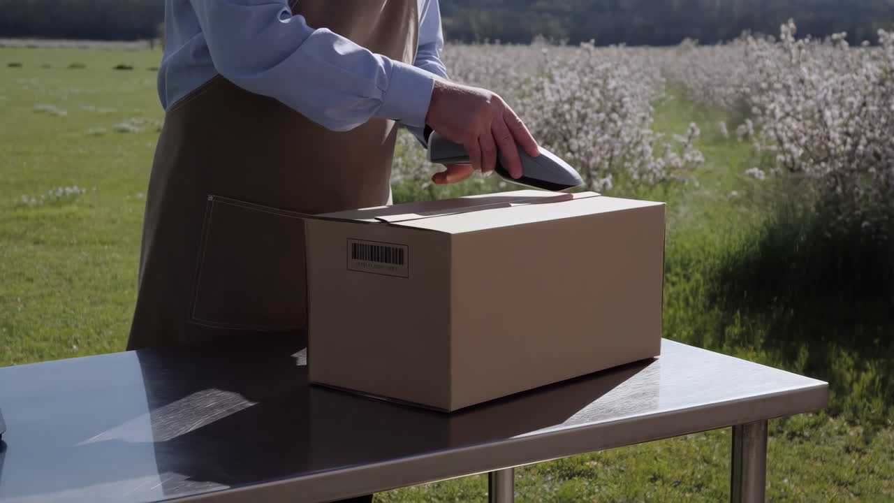 Person scanning a package barcode in an outdoor setting