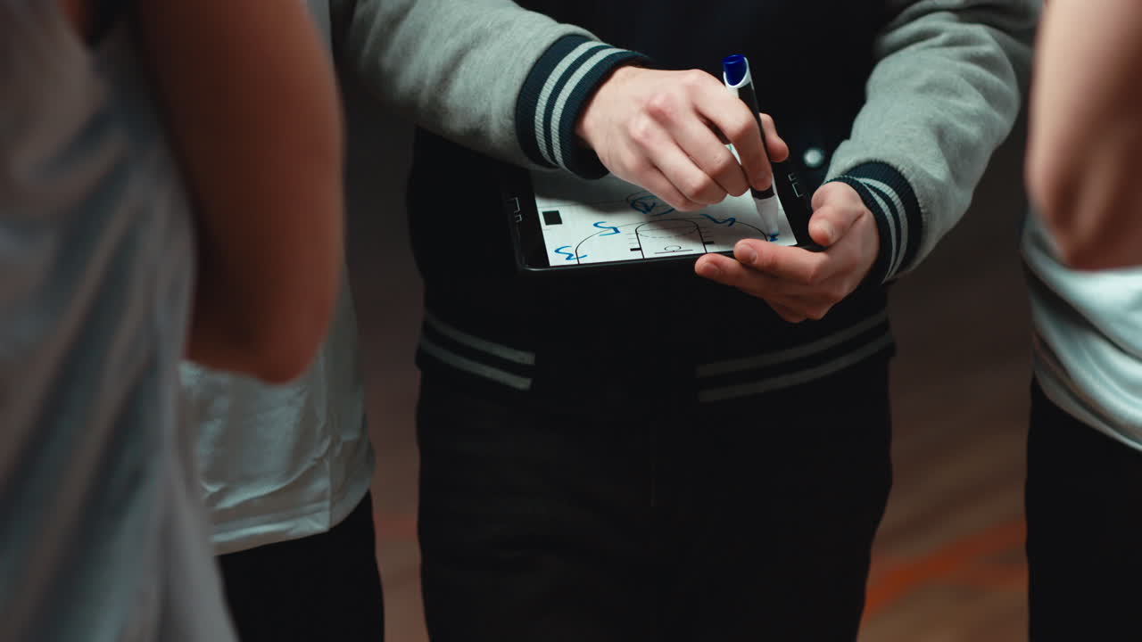 CU view of basketball coach using his tablet to explain combination to a team. 4K UHD