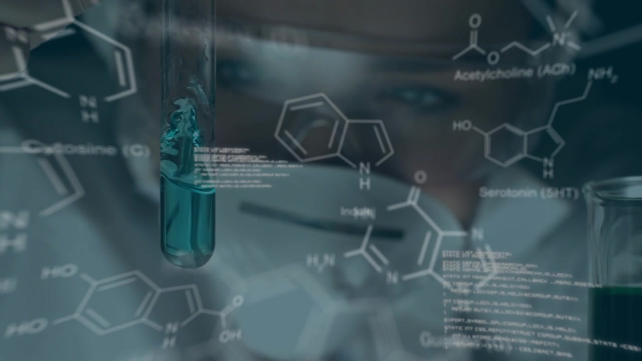 Animação de moléculas e processamento de dados sobre cientista caucasiano em laboratório