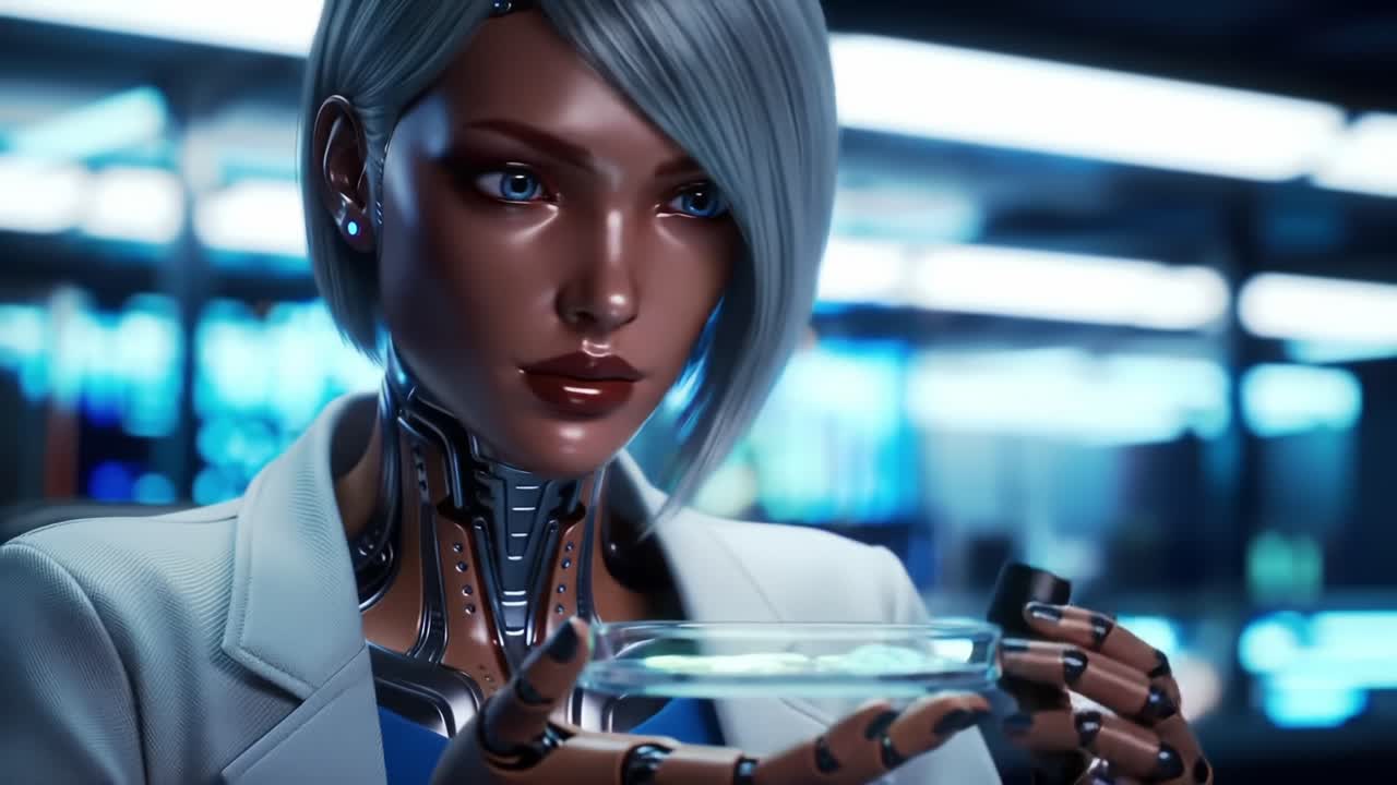 A Futuristic Robo-Scientist Analyzing a Sample in a High-Tech Laboratory Environment Filled with Advanced Equipment and Illuminated Displays