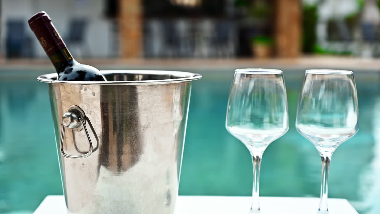 Secchiello con ghiaccio e bottiglia di vino, due calici di vino con piscina sullo sfondo, Grecia