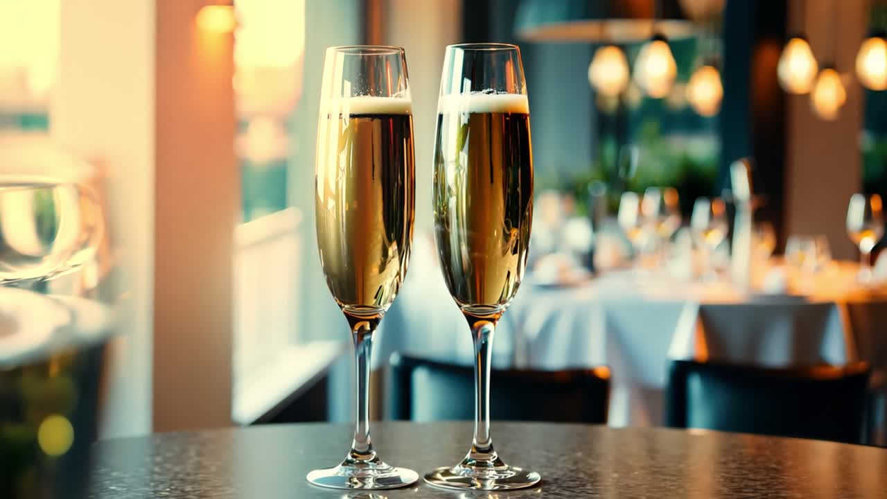 Two champagne glasses in a restaurant