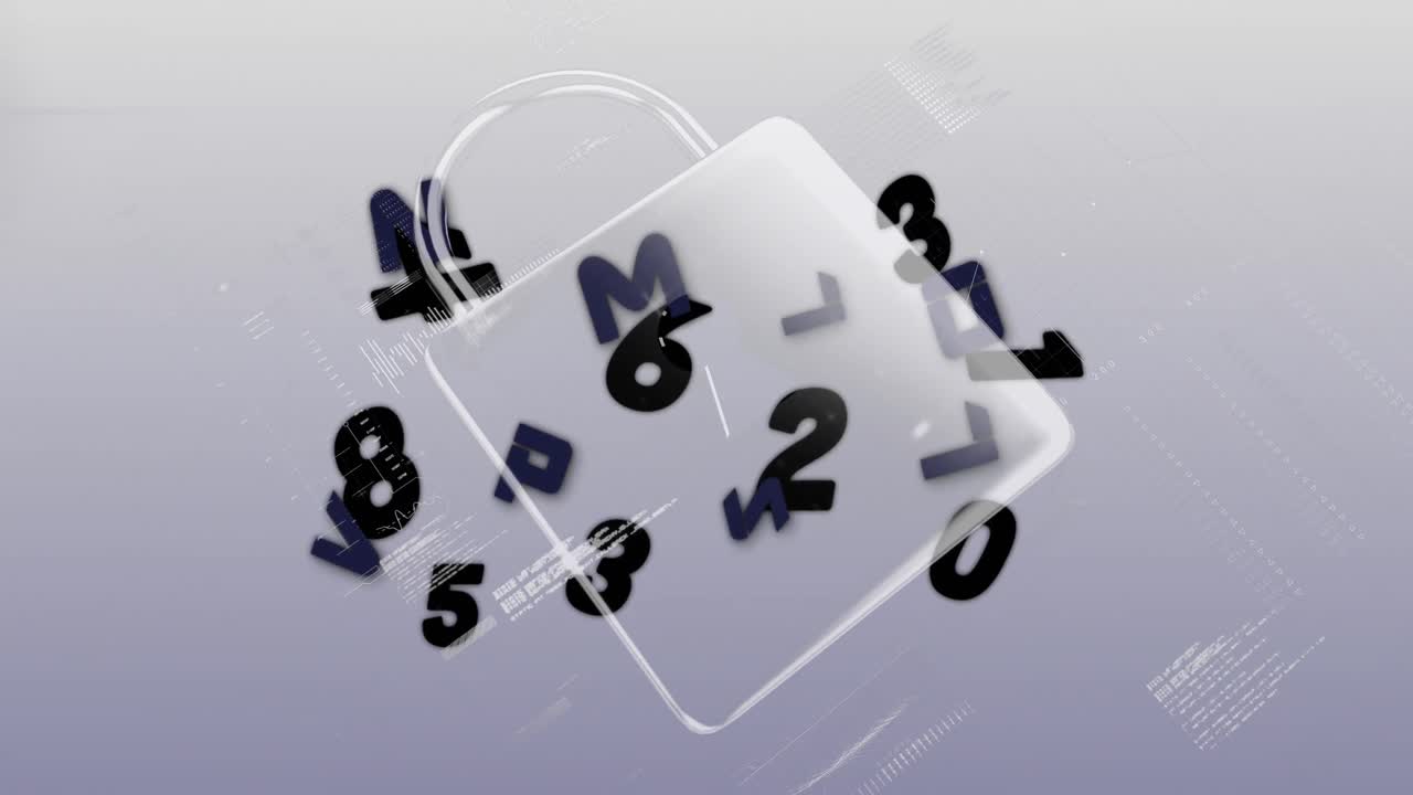 여러 번 바뀌는 숫자와 알파 ⁇ 의 디지털 애니메이션이 보안  ⁇ 락 아이콘에 대해 떠다니고 있습니다.