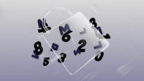 animación digital de múltiples números y alfabetos cambiantes flotando contra el icono del candado de seguridad