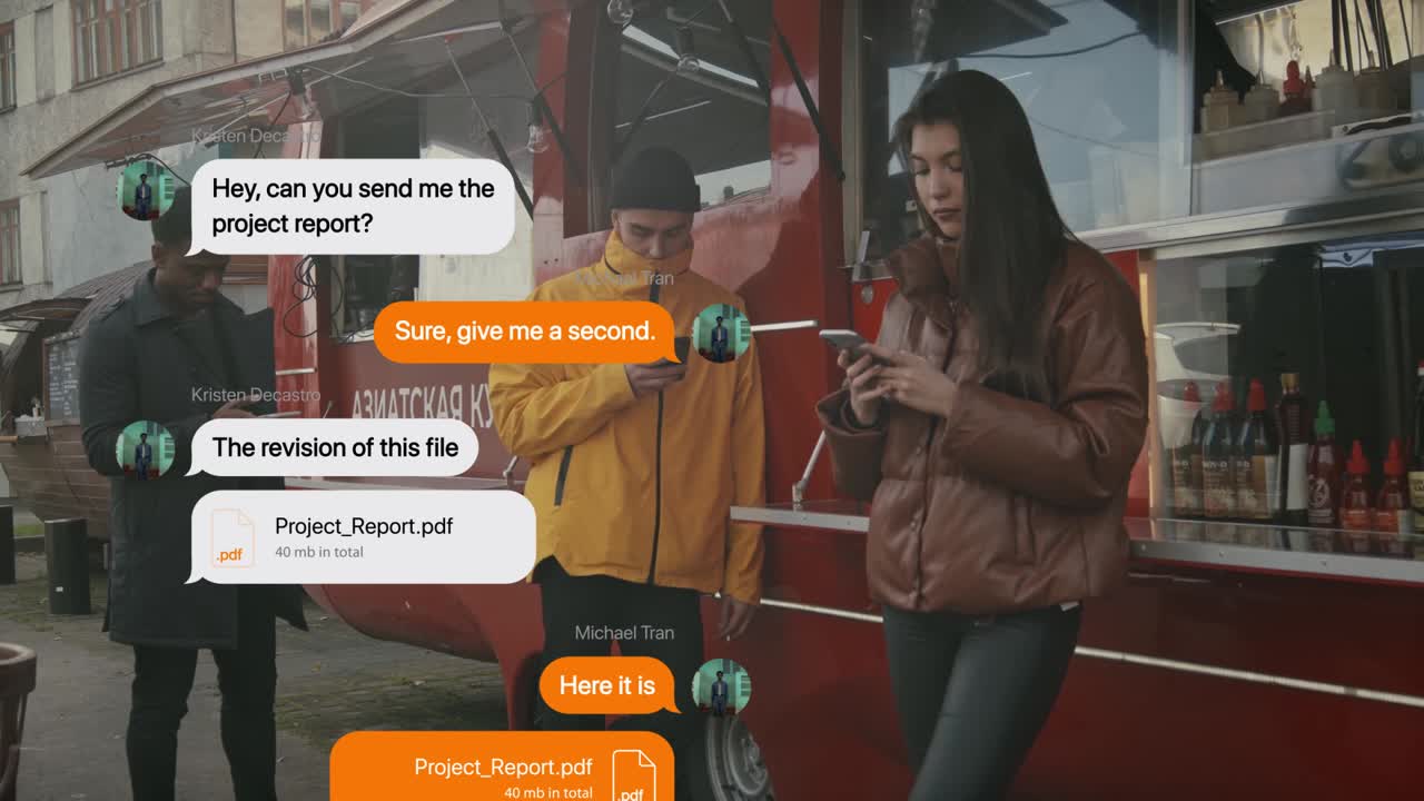 Unge voksne bruger smartphones til digital kommunikation nær en foodtruck