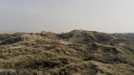 Happy-children-running-and-jumping-off-European-sand-dunes-on-a-summer-day---Aerial-shot