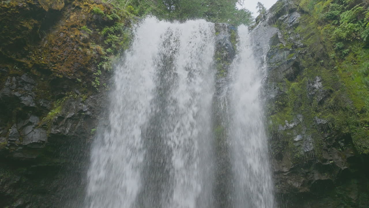 Water from Falls Creek Falls rushes over rocky cliff ledge in Gifford Pinchot National Forest, static low angle view.