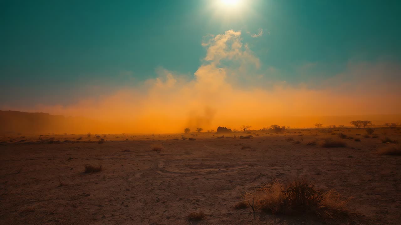 Brightening sun causing rising dust column and spreading orange haze over arid plain with shrubs
