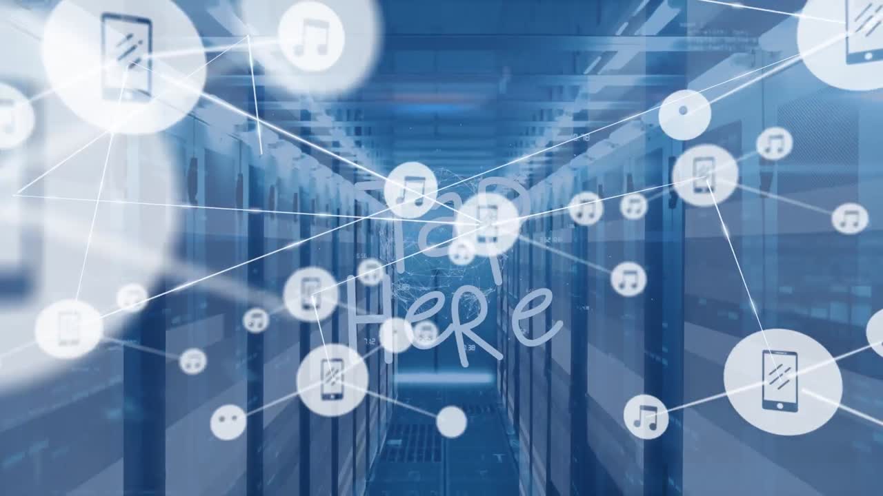 컴퓨터 서버  ⁇ 을 통해 데이터를 교환하는 미디어 아이콘의 텍스트와 네트워크의 애니메이션