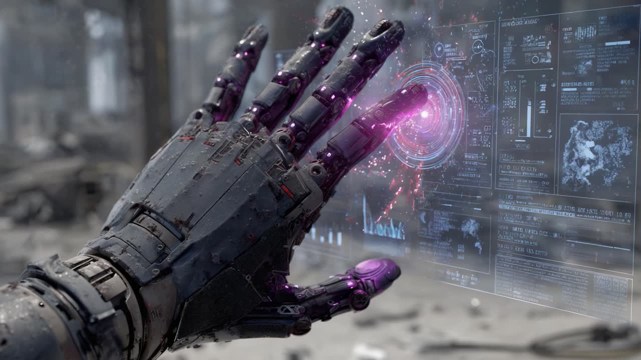 Una mano robotica futuristica interagisce con una proiezione olografica, mostrando tecnologie avanzate e interfacce digitali in un ambiente post-apocalittico ricco di dati e informazioni