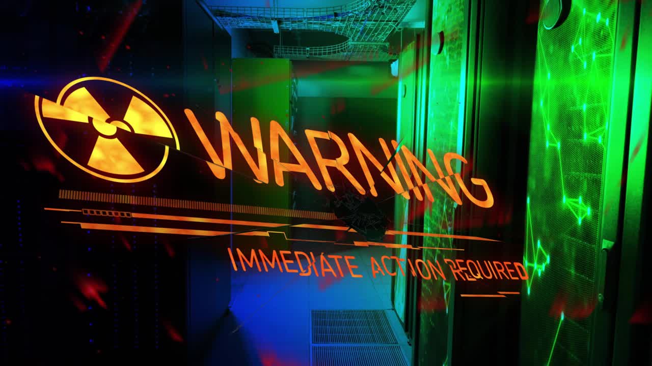 Server racks nuclear icon materializing WPX fading WARNING appearing and pulsing for urgent alert