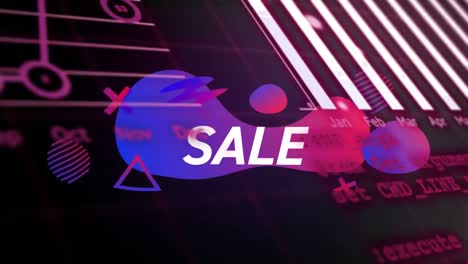 animation of graphs, computer language with sale text on abstract pattern over black background