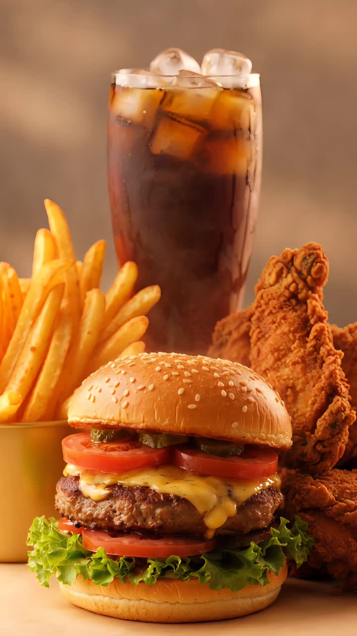 Hambúrguer 4K Fast Food com Frango Frito Crocante e Batatas Fritas Fundo Cinematográfico