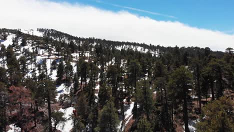 Aerial-shot-of-a-snowy-Big-Bear-mountain-range-in-the-Spring-time