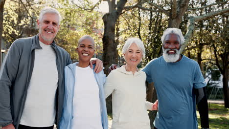 four senior citizens smiling together in a park