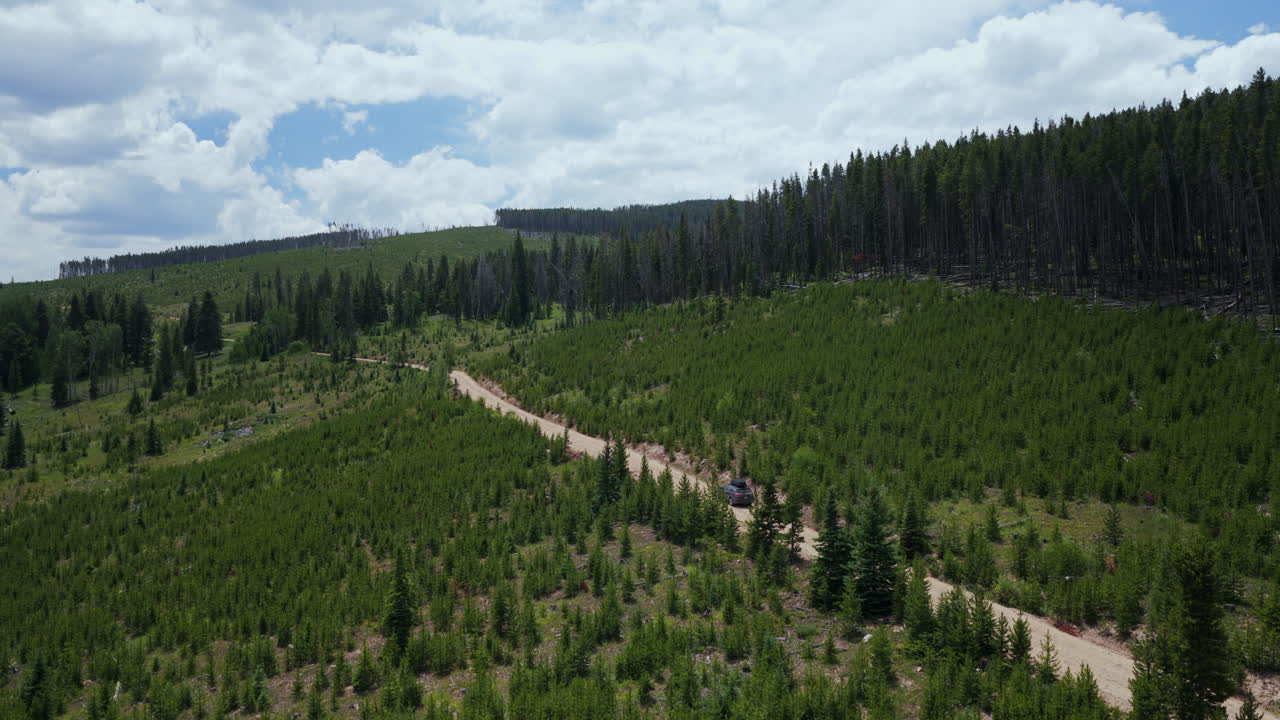 Mount of the Holy Cross AWD car driving dirt road car aerial drone Rocky Mountains Colorado Notch Mountain creek Falls Creek Trail Half moon pass Vail Minturn summer morning blue sky pan left motion